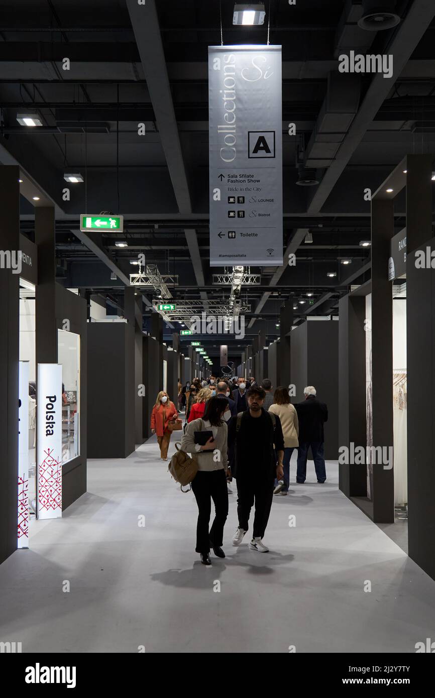 MILAN, ITALY - APRIL 3, 2022: Stands and visitors at Si Sposaitalia Collezioni fair during Milan Bridal Week Stock Photo