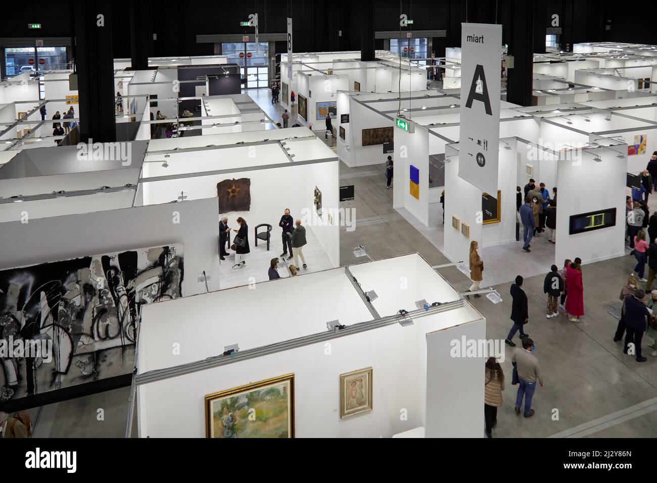 MILAN, ITALY - APRIL 03: Miart 2022, people and art collectors at contemporary art fair in Milan, view from above Stock Photo
