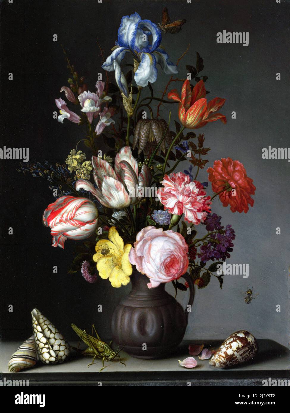 Flowers in a Vase with Shells and Insects by the Dutch Golden Age artist, Balthasar van der Ast (1593/94-1657), oil on oak, c. 1630 Stock Photo