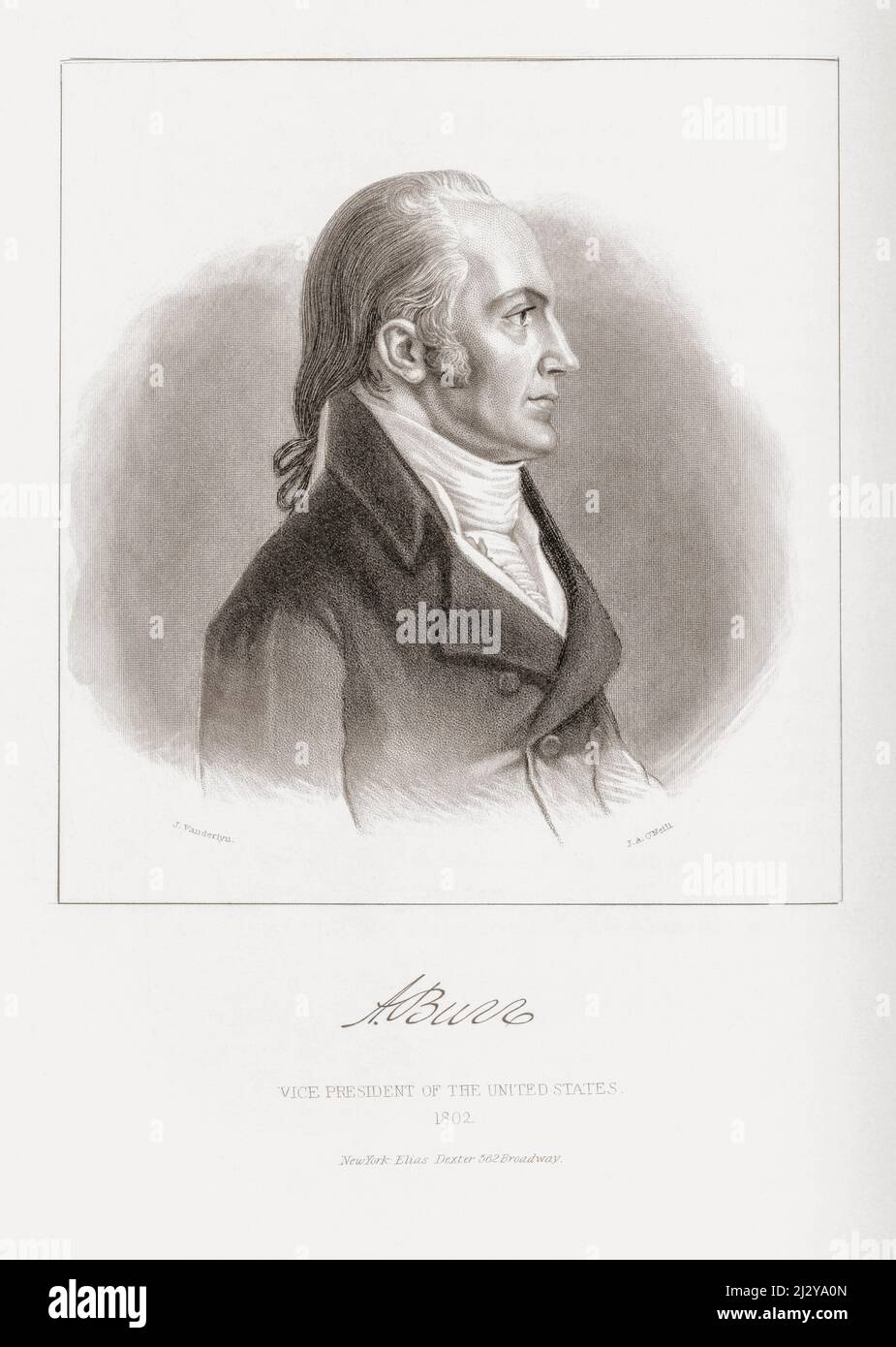 Aaron Burr Jr., 1756 –1836. Third Vice President of the United States (1801–1805).  Aaron Burr's signature.  From an engraving by Henry Wright Smith, after a painting by John Vanderlyn, Stock Photo
