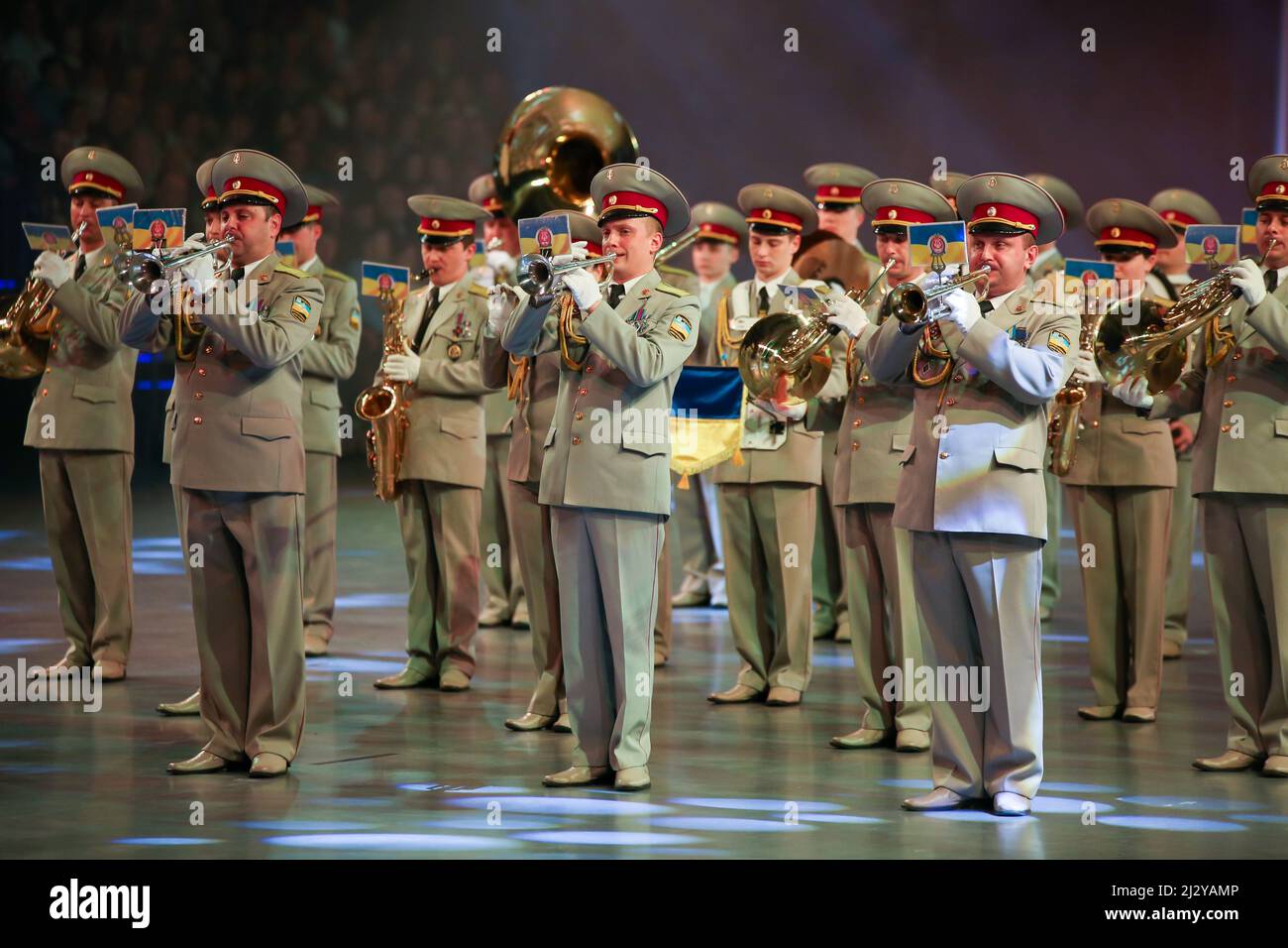 Military Band of the Ukrainian Ground Forces, short: Military Band Chernihiv, Ukraine, at Musikparade 2017, Marching Band Show at Rittal-Arena Wetzlar, Germany, 12th Mar, 2017. Stock Photo