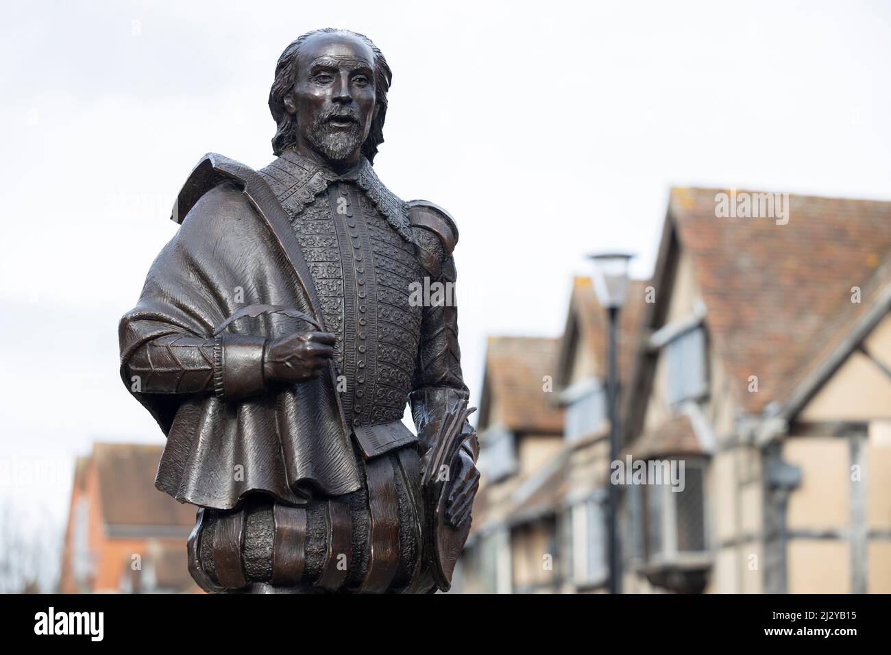 Statue Of Playwright William Shakespeare On Henley Street In Stratford Upon Avon In Warwickshire UK Stock Photo