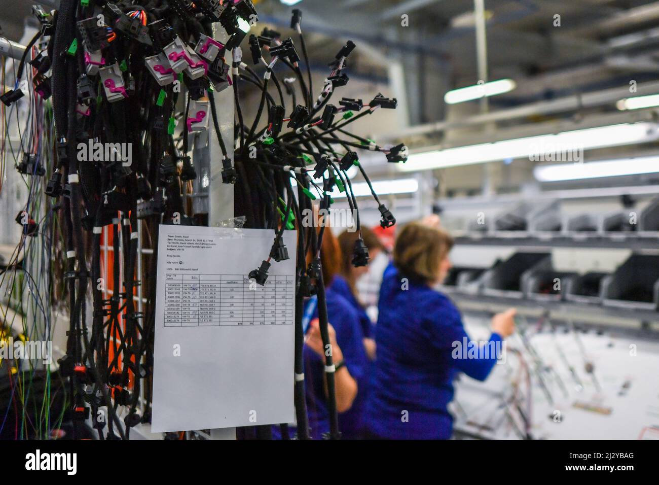 Skoda Auto, Mlada Boleslav. 4th Apr, 2022. Production of wire harnesses