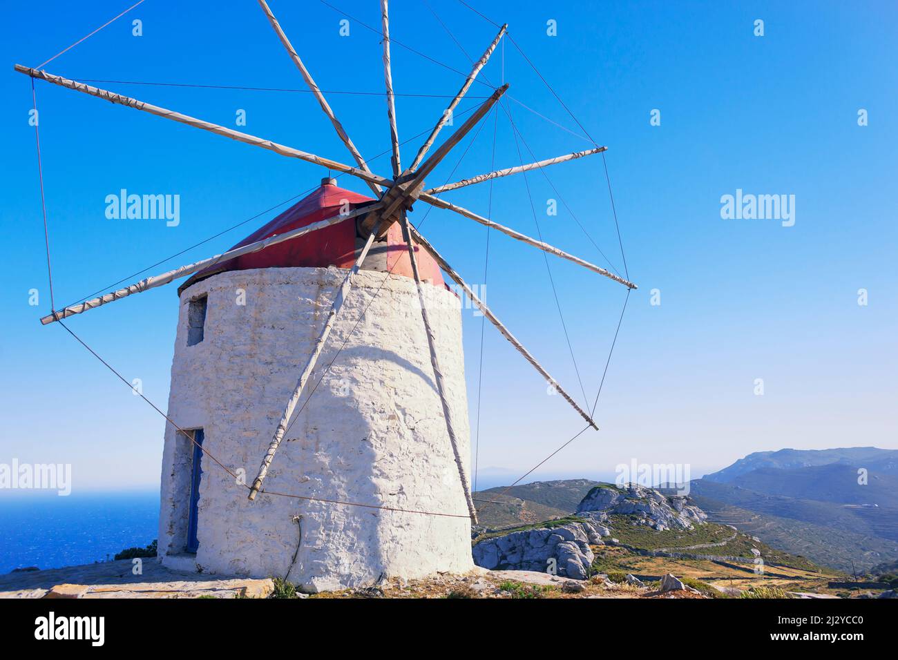 Traditional windmill, Chora, Amorgos, Cyclades Islands, Greece, Europe Stock Photo