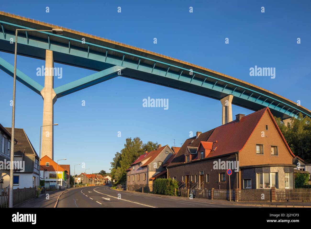 Motorway bridge, Hasetalbrücke of the A 73 spans the Suhl-Heinrichs district, German unity traffic project, DEGES, Stock Photo