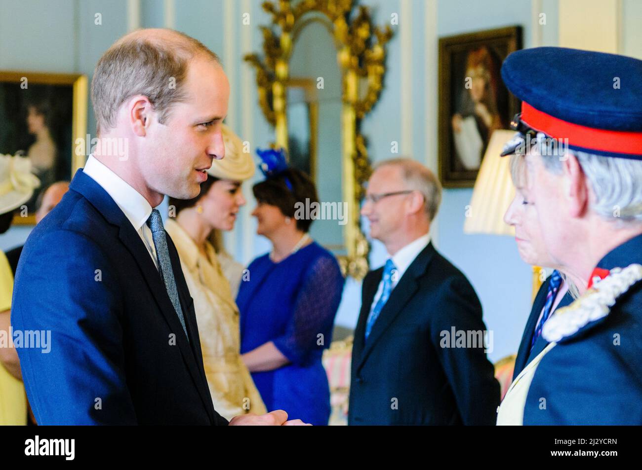 HILLSBOROUGH, NORTHERN IRELAND. 14 JUN 2016: Prince William, The Duke of Cambridge meets guests as he arrives at the Secretary of State's annual garden party with Catherine (Kate) the Duchess of Cambridge. Stock Photo