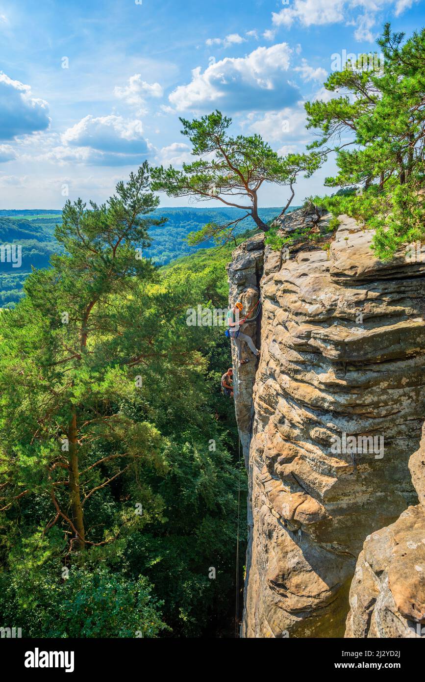 Climbers in Berdorf, Müllerthal, canton of Echternach, Grand Duchy of Luxembourg Stock Photo