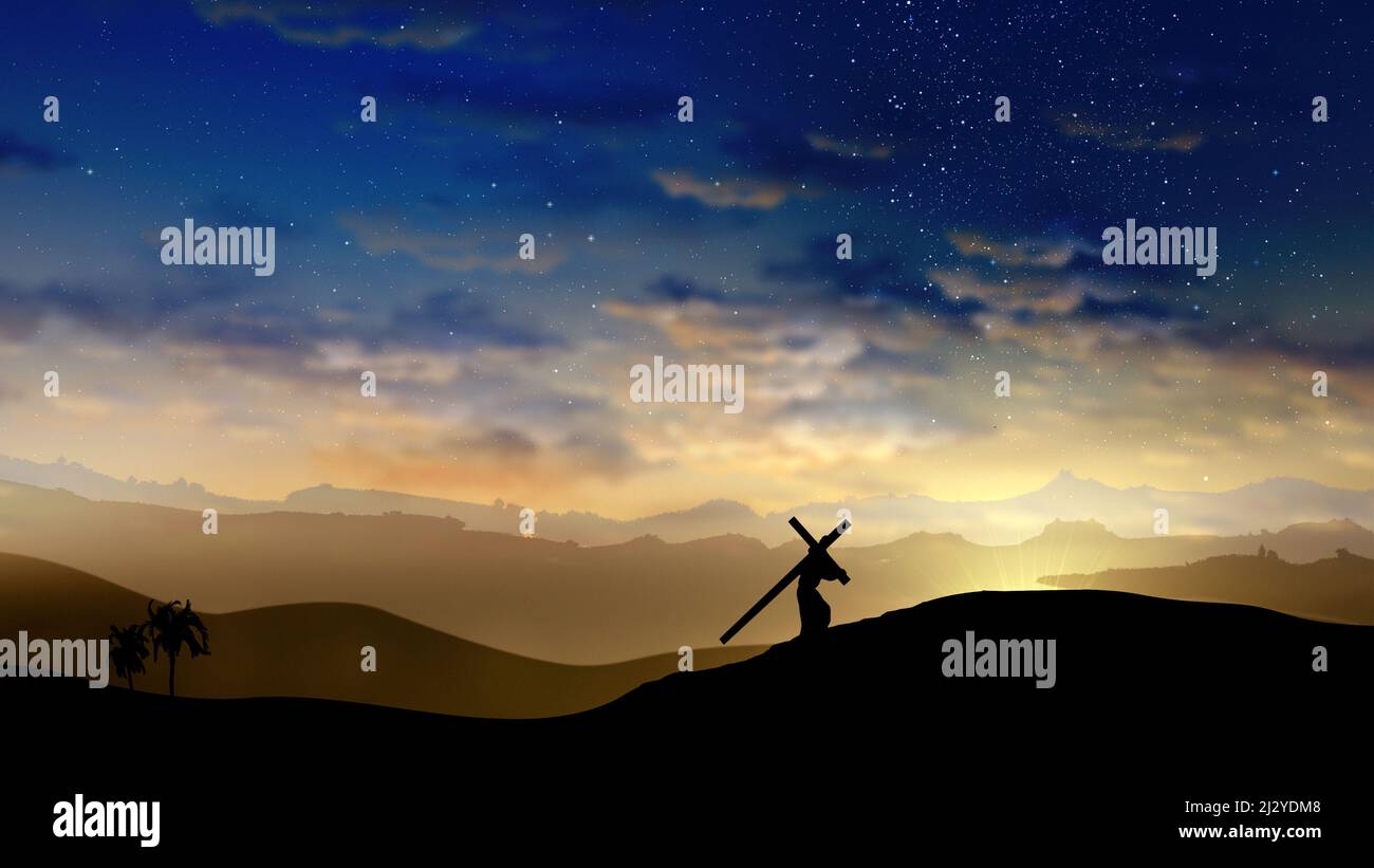Jesus Christ ascending the hill with the cross behind him. Easter, resurrection, Calvary, redemption concept. Stock Photo
