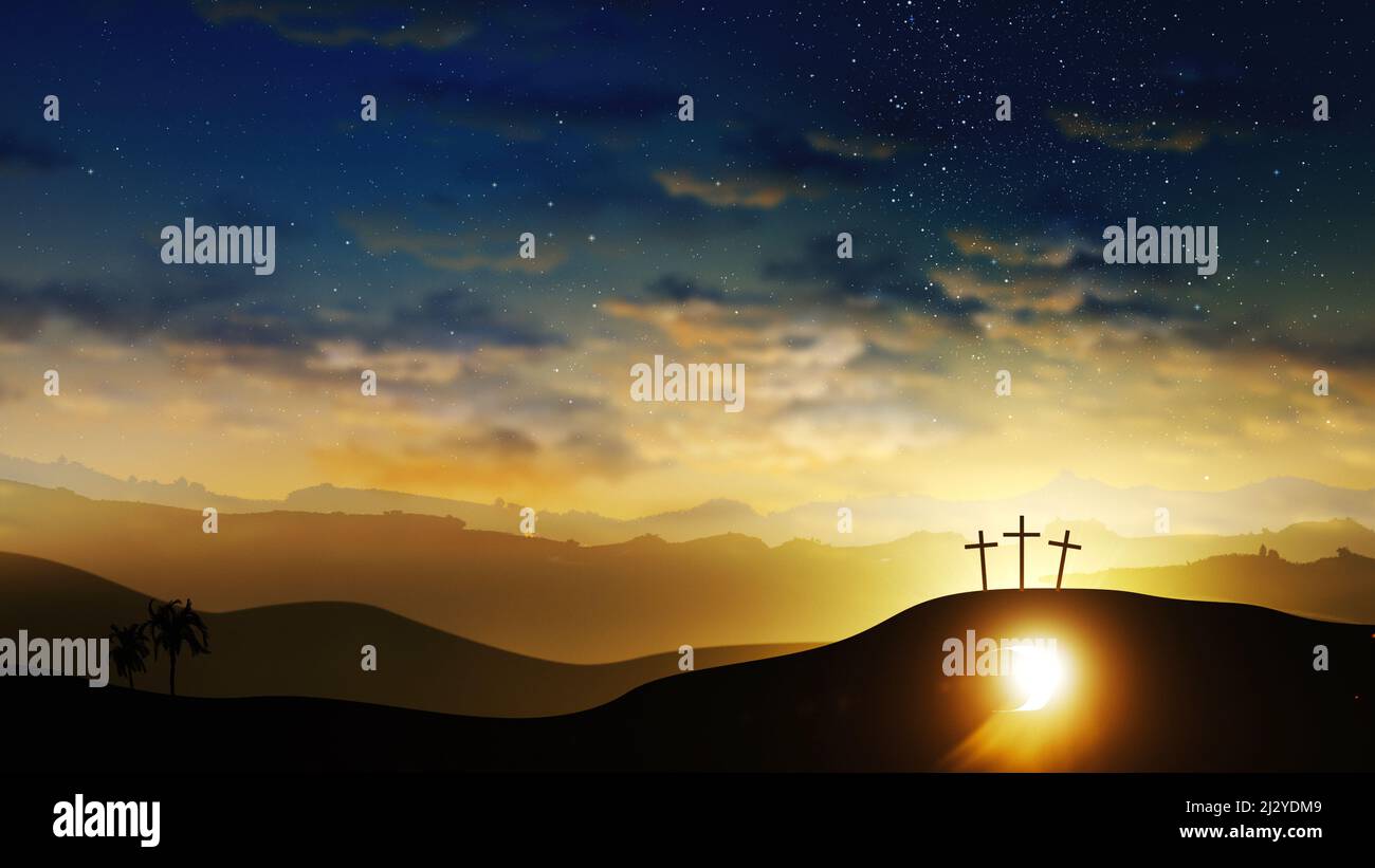 Three crosses on the hill and Jesus tomb with clouds moving on the starry sky. Easter, resurrection, new life, redemption concept. Stock Photo