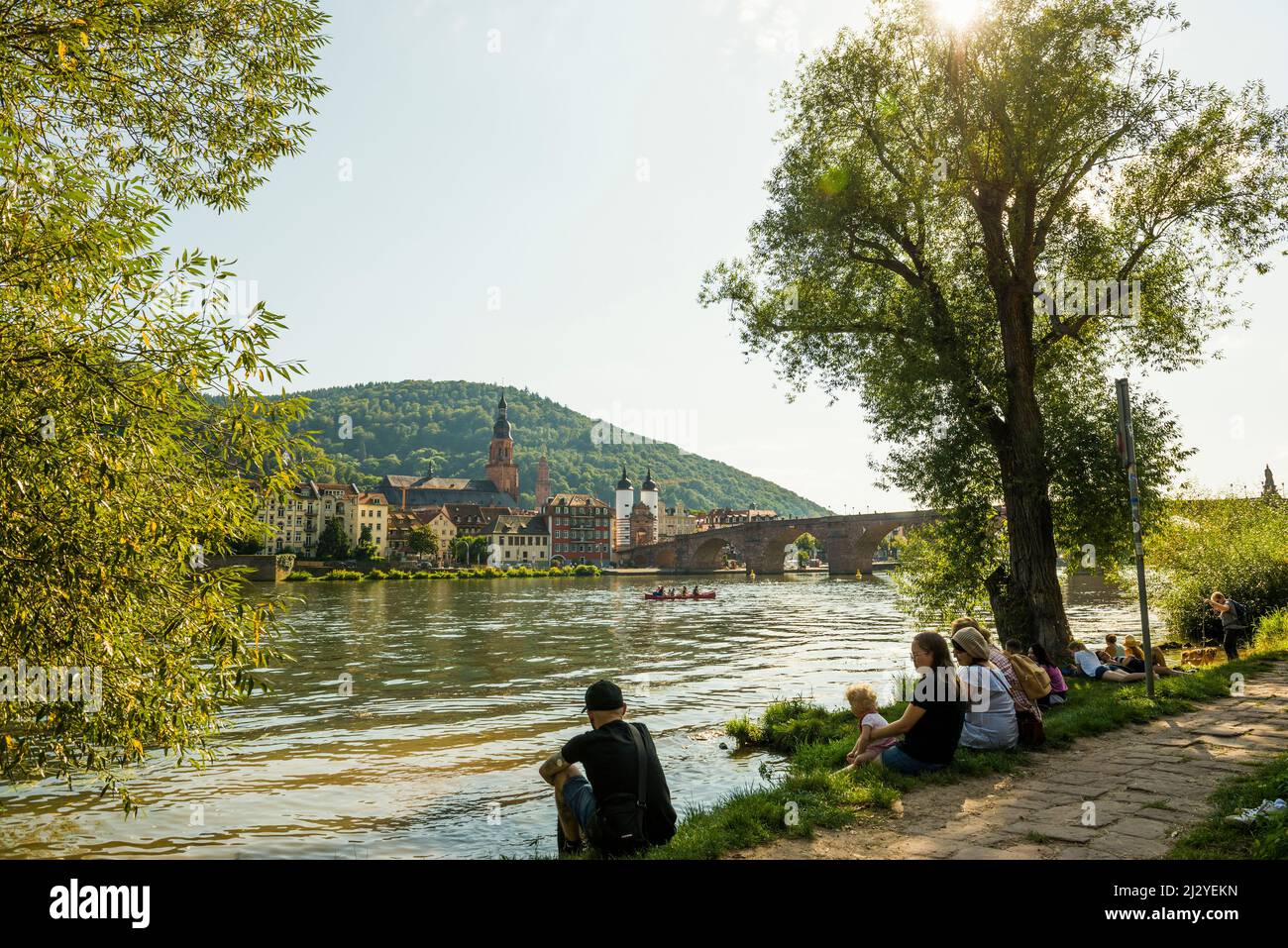Young people in the evening sun at the Neckar, Heidelberg, Baden-Württemberg, Germany Stock Photo