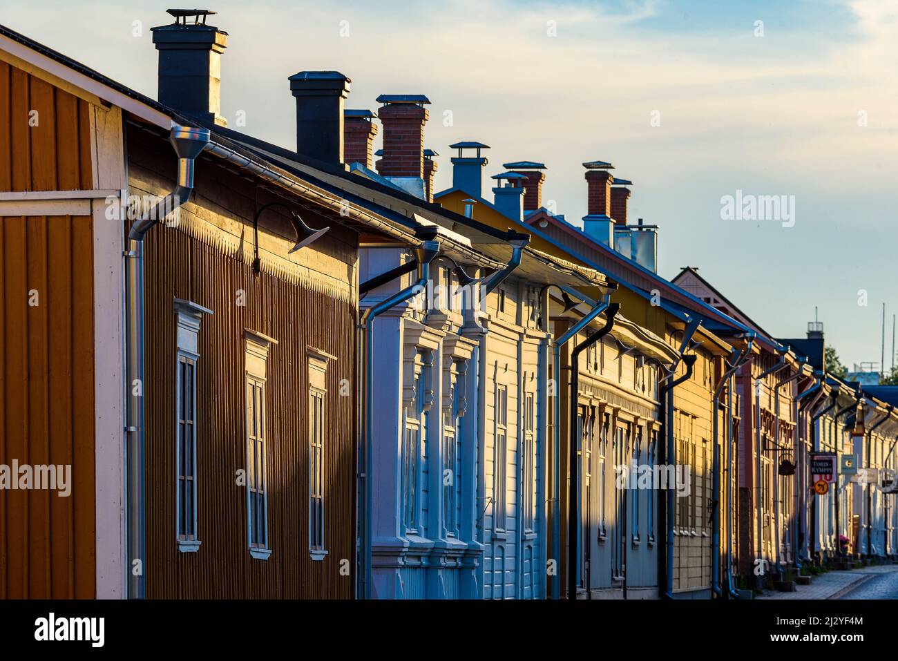 Colorful wooden houses, street scenes in the old town of Rauma, west