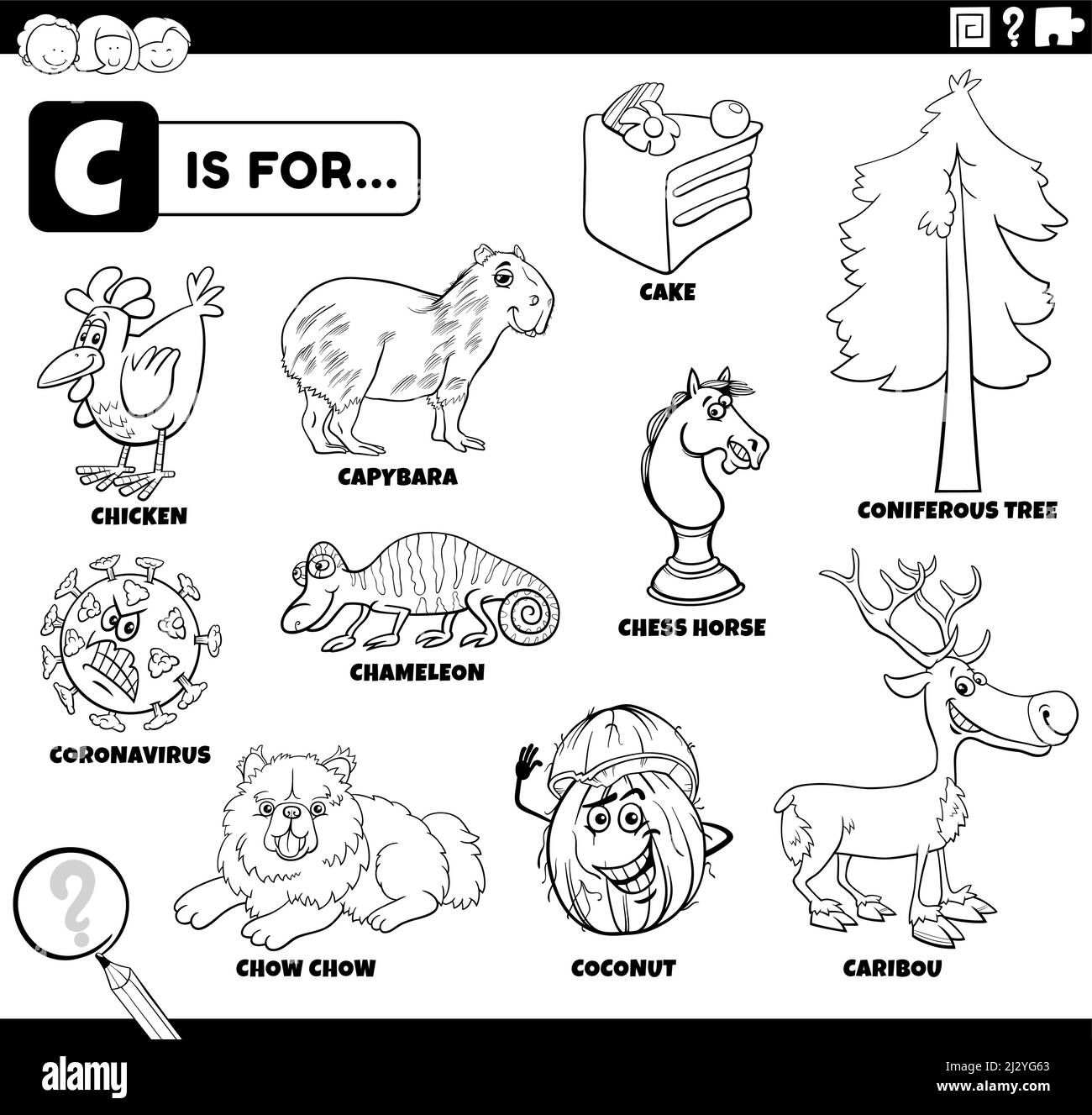 Black and white educational cartoon illustration of comic characters and objects starting with letter C set for children coloring book page Stock Vector