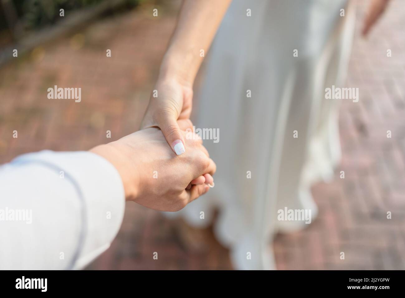 Bride groom holding hands with love on the wedding day Stock Photo