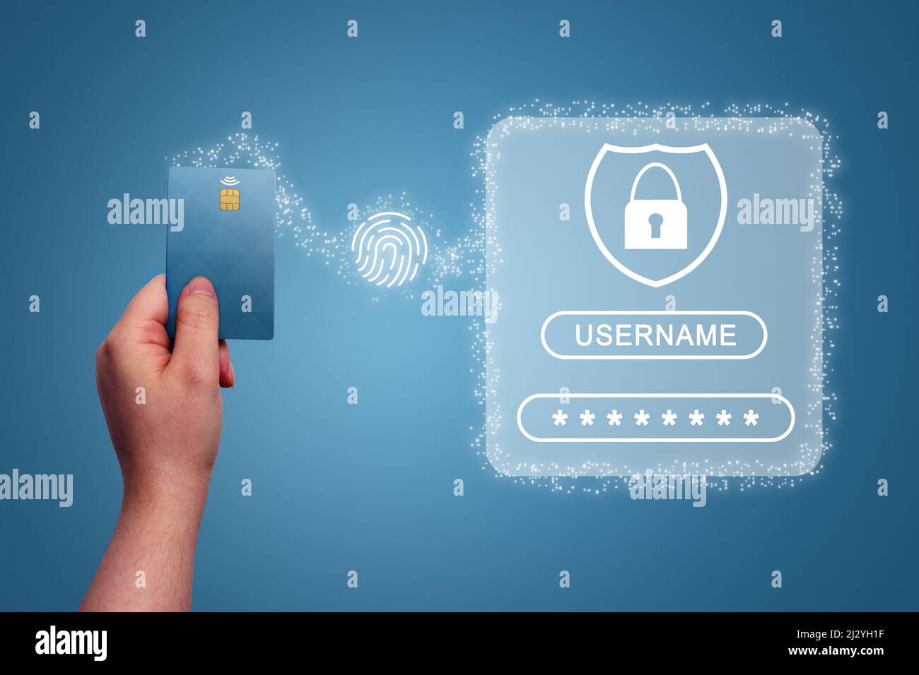 Woman hand showing credit card with virtual interface of security access. of things