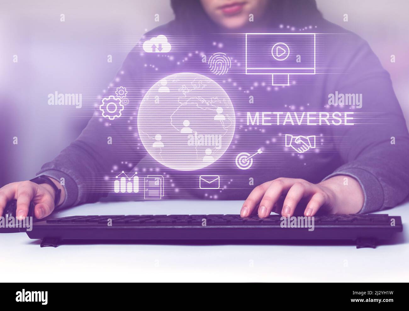 Woman interacting with virtual interface connection metaverse. Technology and digital marketing. Stock Photo