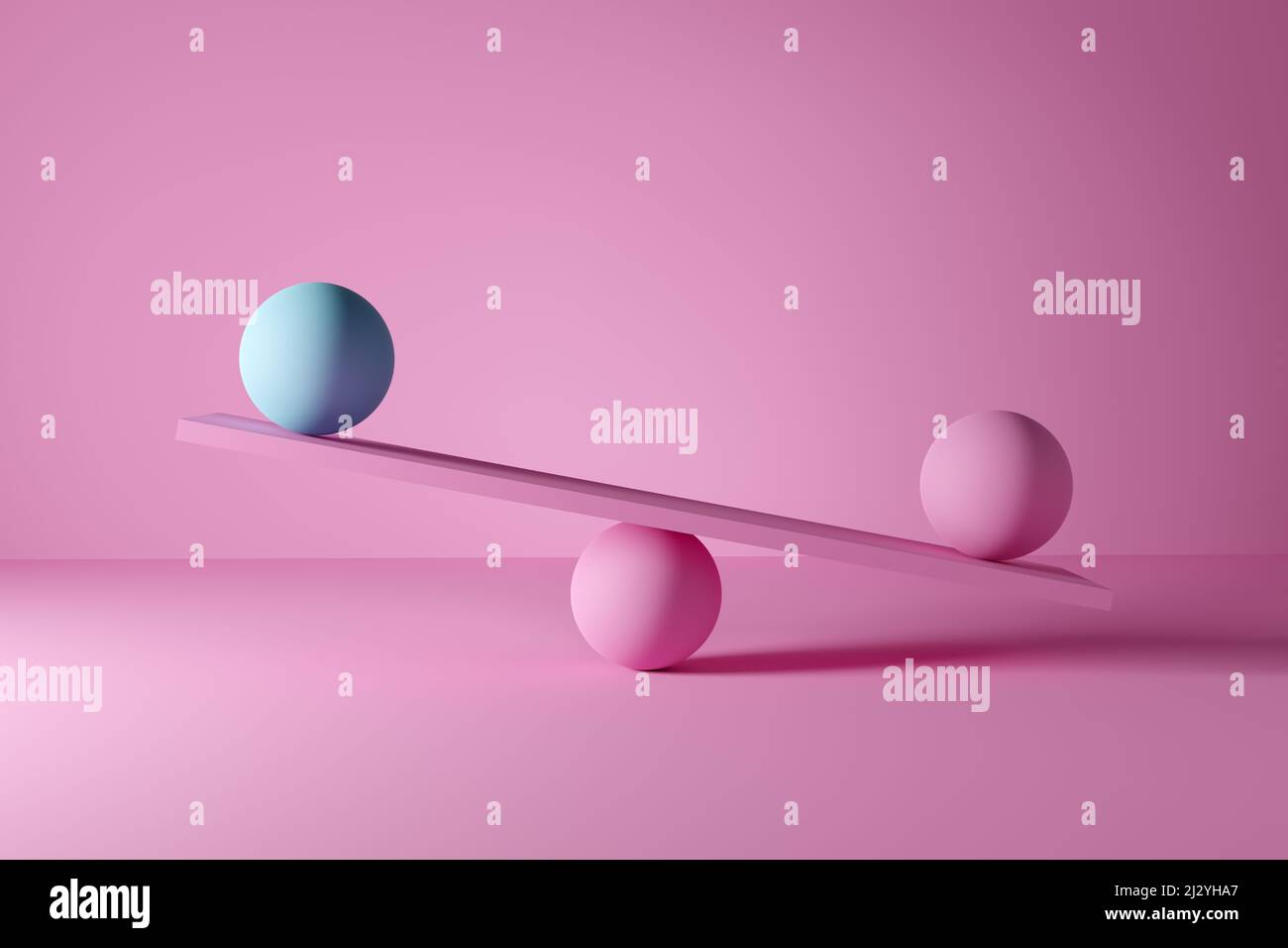 Blue and pink balls are imbalanced on a scale. Instability, inequality, injustice or disparity concepts. Stock Photo