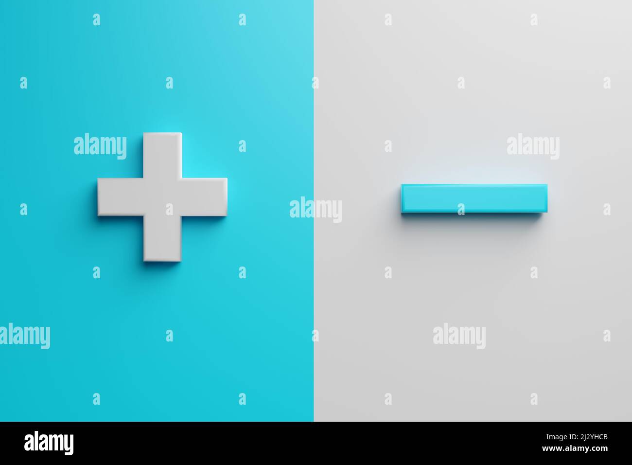 Negative and positive or plus and minus icons on white and blue background. Pros and cons or decision making under uncertainty concept. Stock Photo