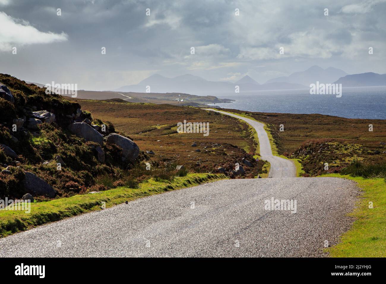 Lonely empty country road along the Applecross coast, single track, Wester Ross, Scotland UK Stock Photo