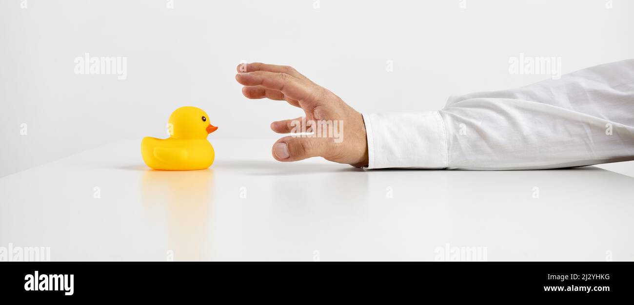 To reach or achieve target audience or clients in business marketing concept. Businessman hand is about to grab the rubber duckling. Stock Photo