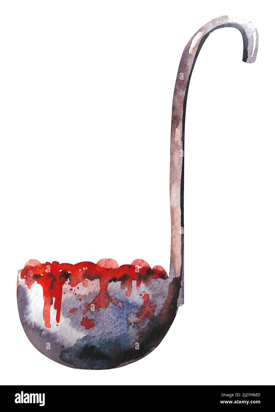 Watercolor ladle with soup. Old dirty ladle with red soup Stock Photo