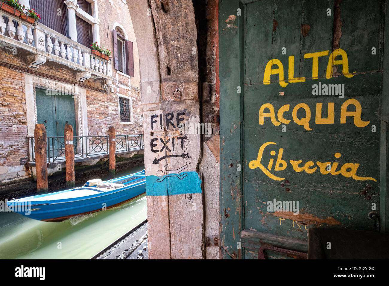 View of the emergency exit of the old Libreria Aqua Alta in Venice, Veneto, Italy, Europe Stock Photo