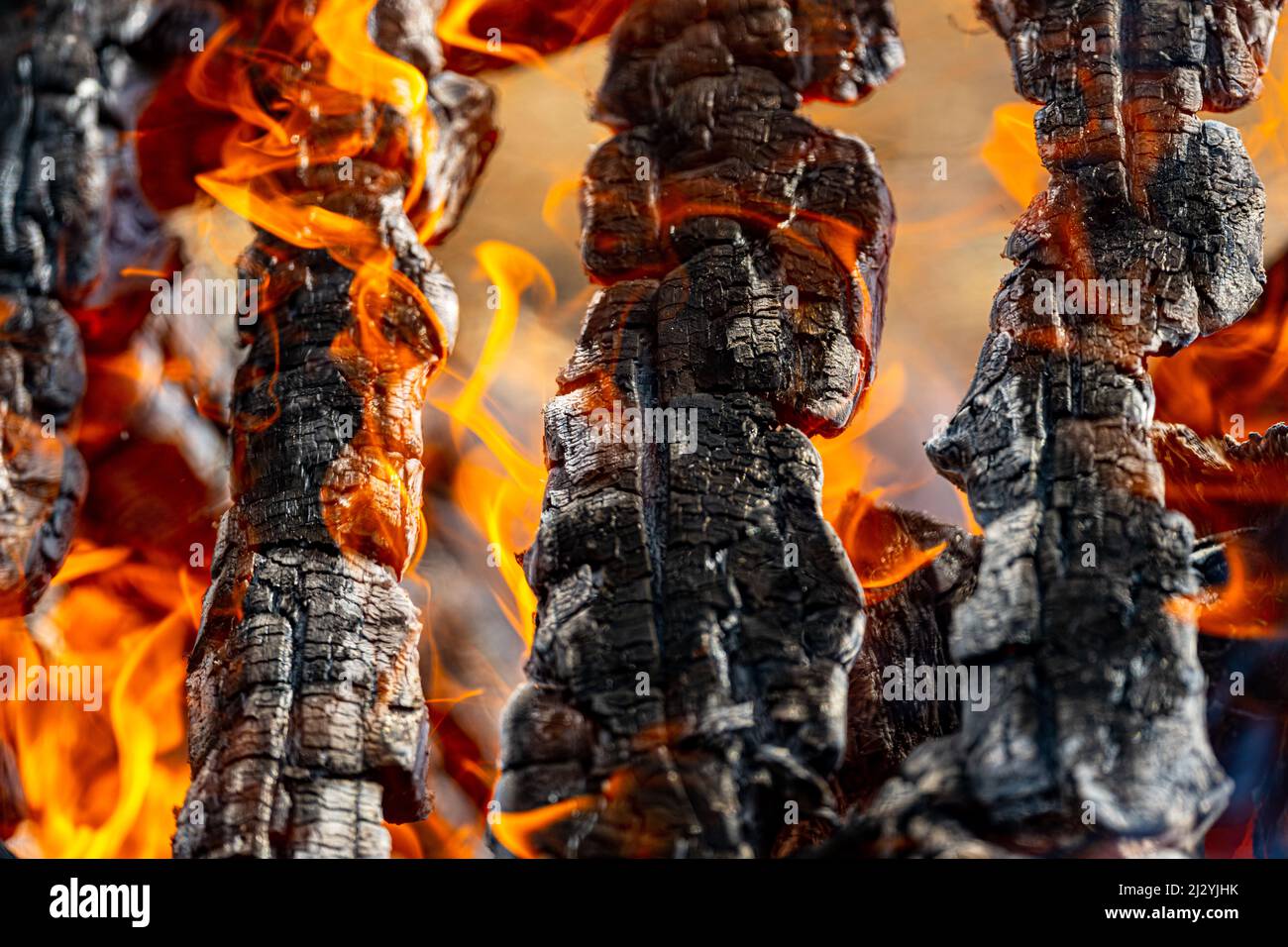 The hottest background. A fire blaze, heat and burning wood closeup