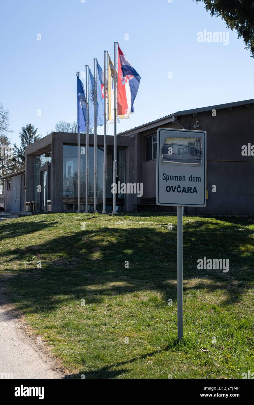 Grabovo Dio, Croatia - March 28, 2022: This hangar was transformed into a concentration camp for non-Serbs from Vukovar and the surrounding area. More Stock Photo