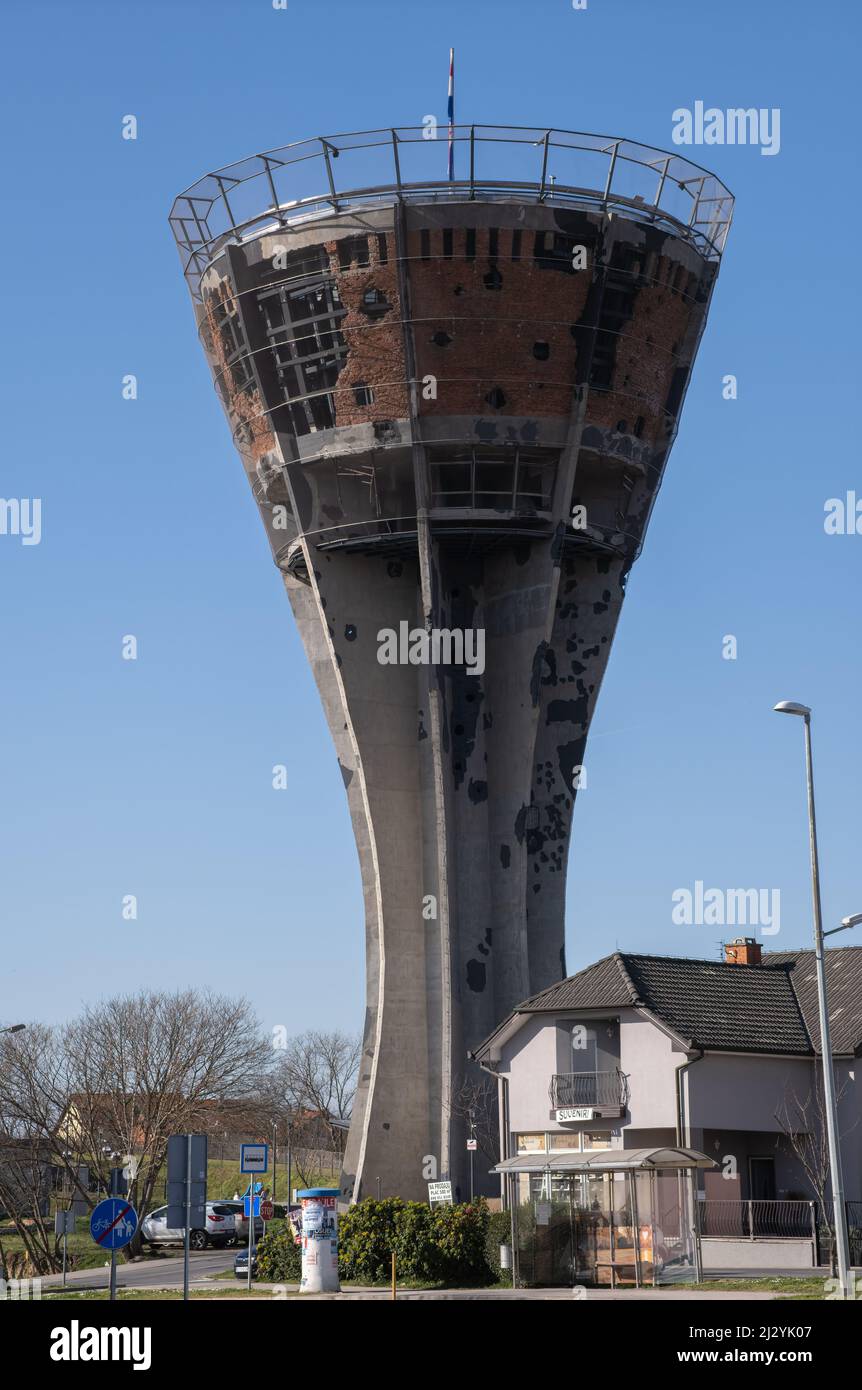 Vukovar, Croatia - March 28, 2022: Vukovar water tower is the most famous symbol of the suffering of the city and the country in the Battle of Vukovar Stock Photo