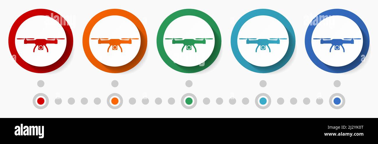 Drone concept vector icon set, infographic template, flat design colorful web buttons in 5 color options Stock Vector