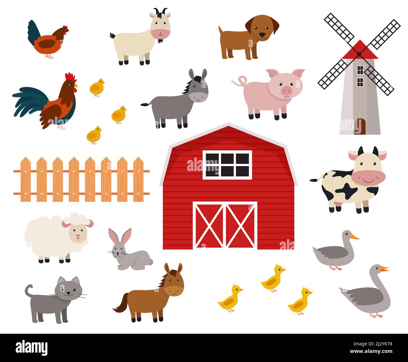 Cute farm animals set in flat style isolated on white background ...