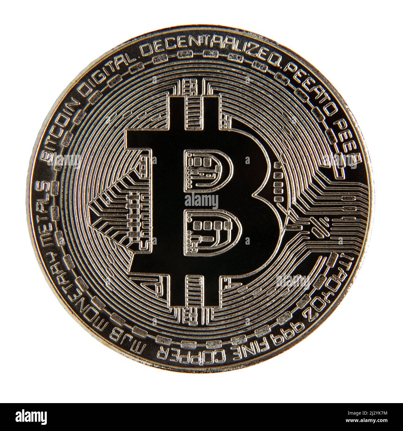 still life image of a signle bitcoin made of metal isolated on white ...