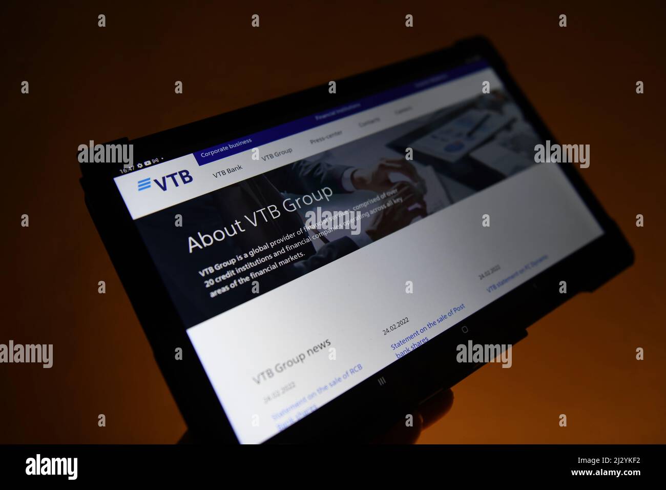 The VTB Bank website seen on a tablet. Stock Photo