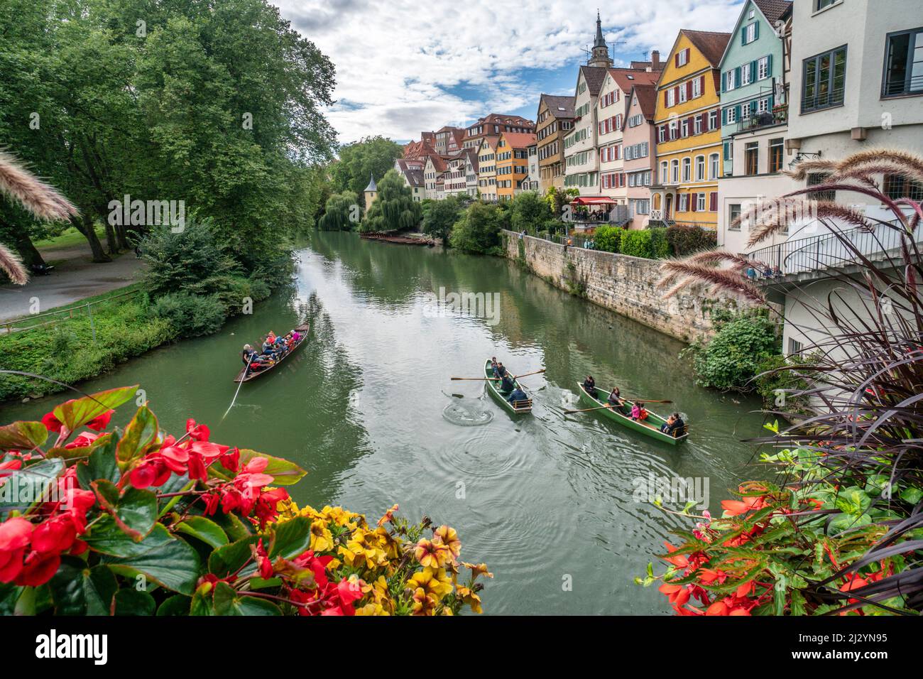Punting on the Neckar, view from the Eberharsbruecke, Tuebingen, old town facades, Baden-Wuerttemberg, Germany, Europe Stock Photo