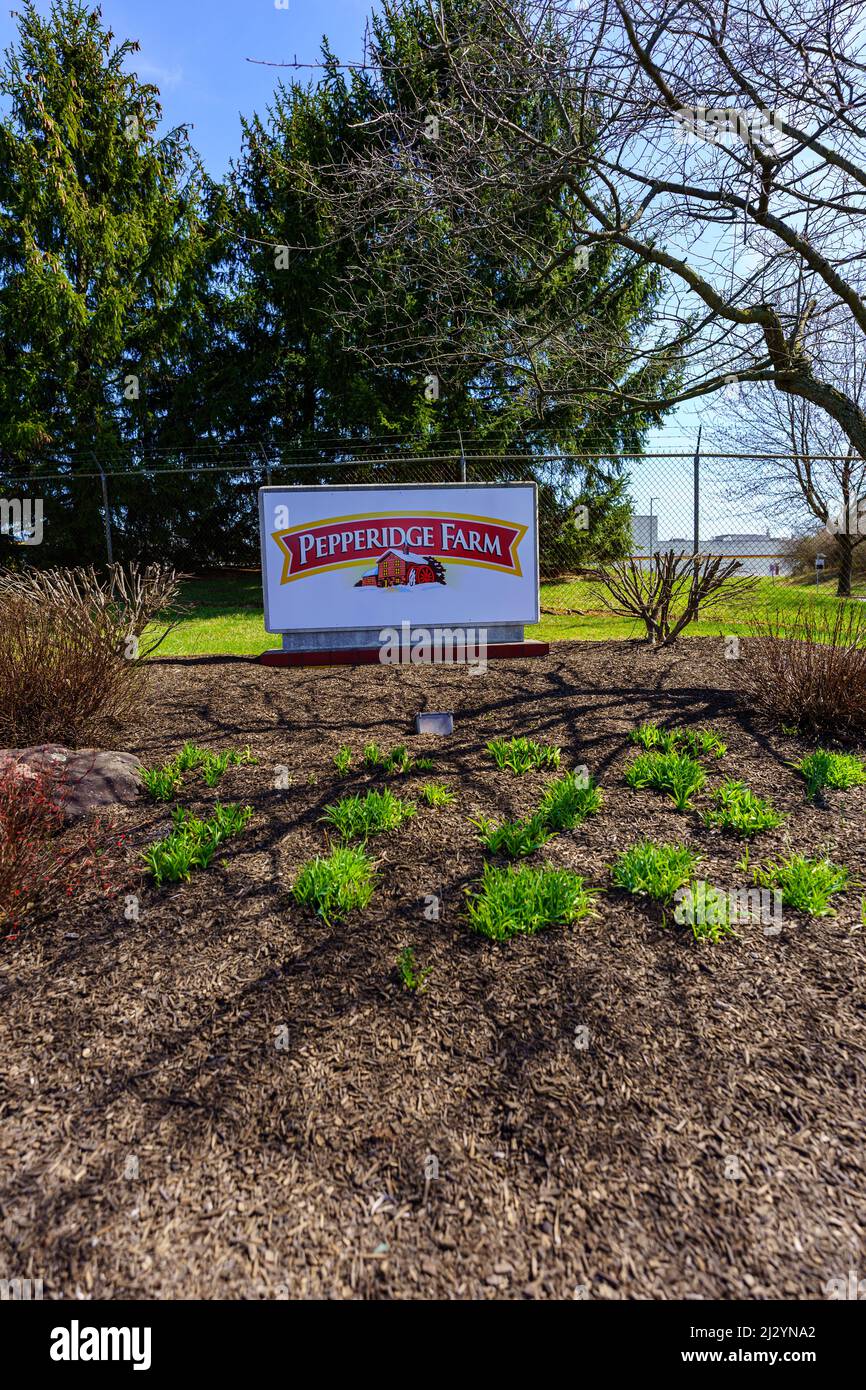 Denver, PA, USA - April 2, 2022: The Pepperidge Farm Sign at the entrance to the plant in Lancaster County, Pennsylvania. Stock Photo