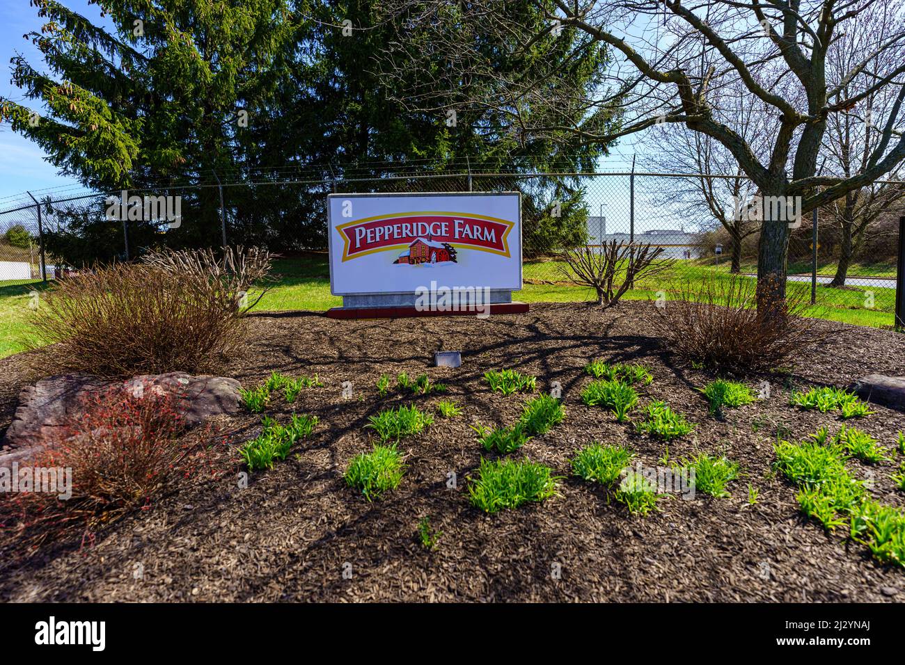 Denver, PA, USA - April 2, 2022: The Pepperidge Farm Sign at the entrance to the plant in Lancaster County, Pennsylvania. Stock Photo