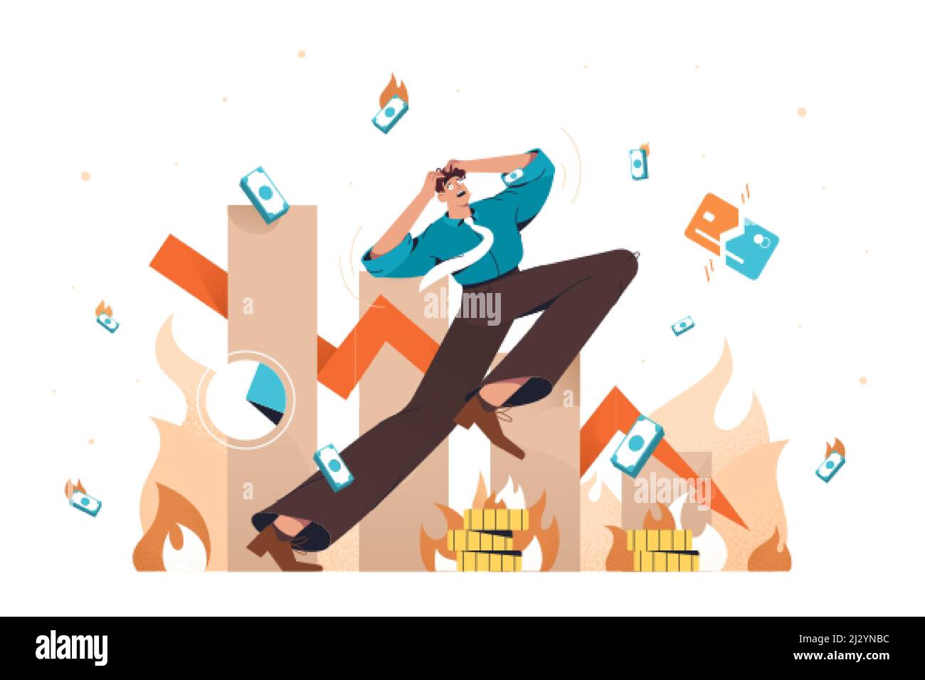 Flat businessman in panic with money problems, bankruptcy and unpaid loan debt. Man losing profits, falling arrow down. Concept of global financial crisis, business failure, economy crash or collapse. Stock Vector