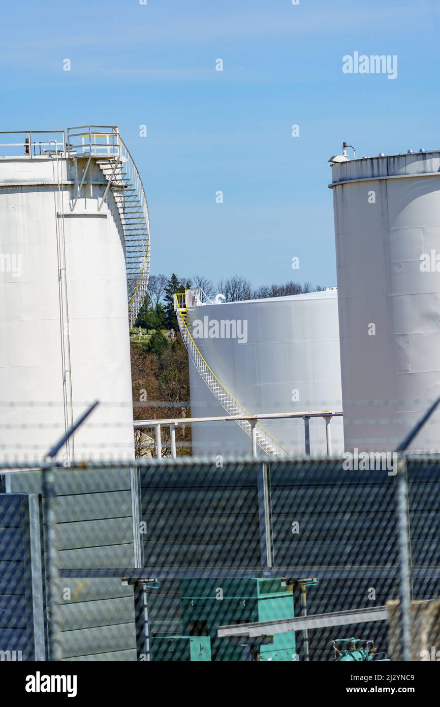 Sinking Springs, PA, USA April 2, 2022 Bulk fuel storage tanks in Berks County, Pennsylvania