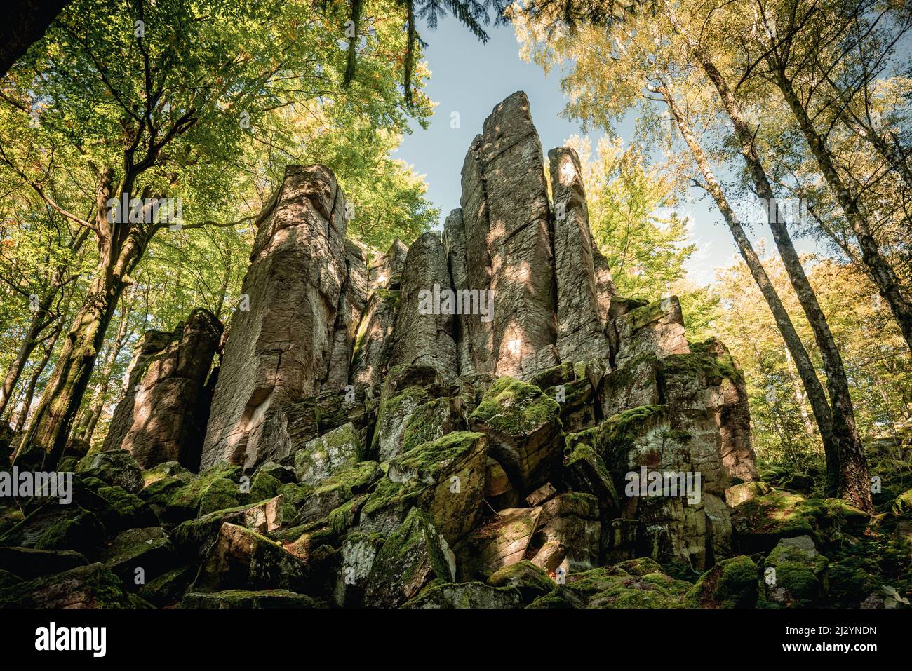 Steinwand rock formation near Poppenhausen, Rhoen, Hesse, Germany, Europe Stock Photo