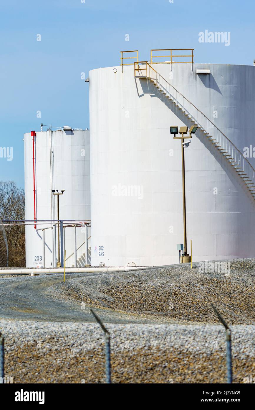 Sinking Springs, PA, USA April 2, 2022 Bulk fuel storage tanks in Berks County, Pennsylvania