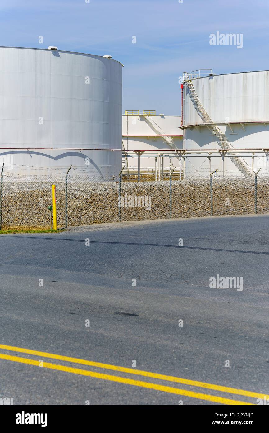 Sinking Springs, PA, USA April 2, 2022 Bulk fuel storage tanks in Berks County, Pennsylvania