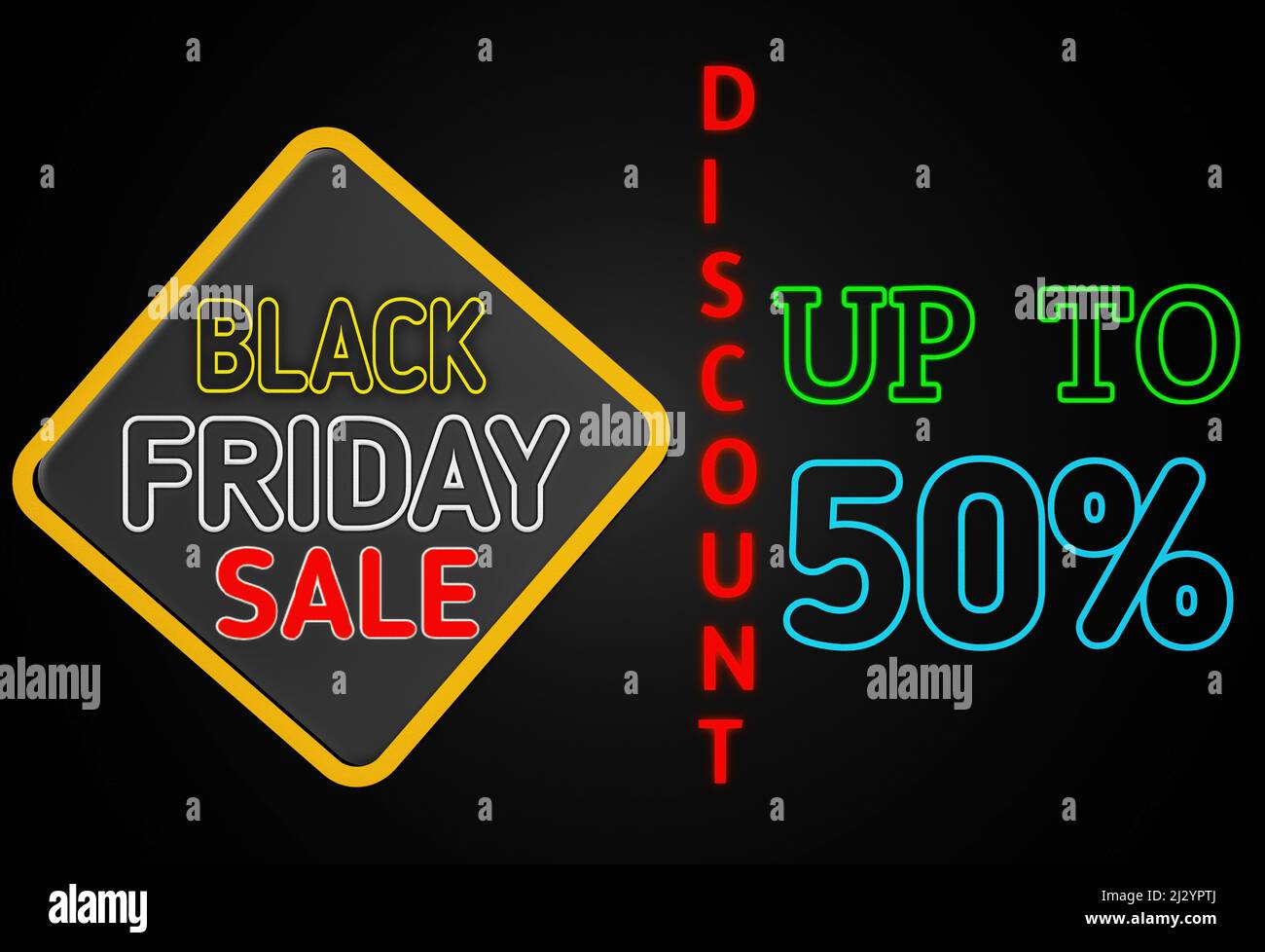 3D illustration black Friday sale text neon sign abstract on black background. Discount up to 50 percent text. Banner Sign and symbols neon sign Stock Photo