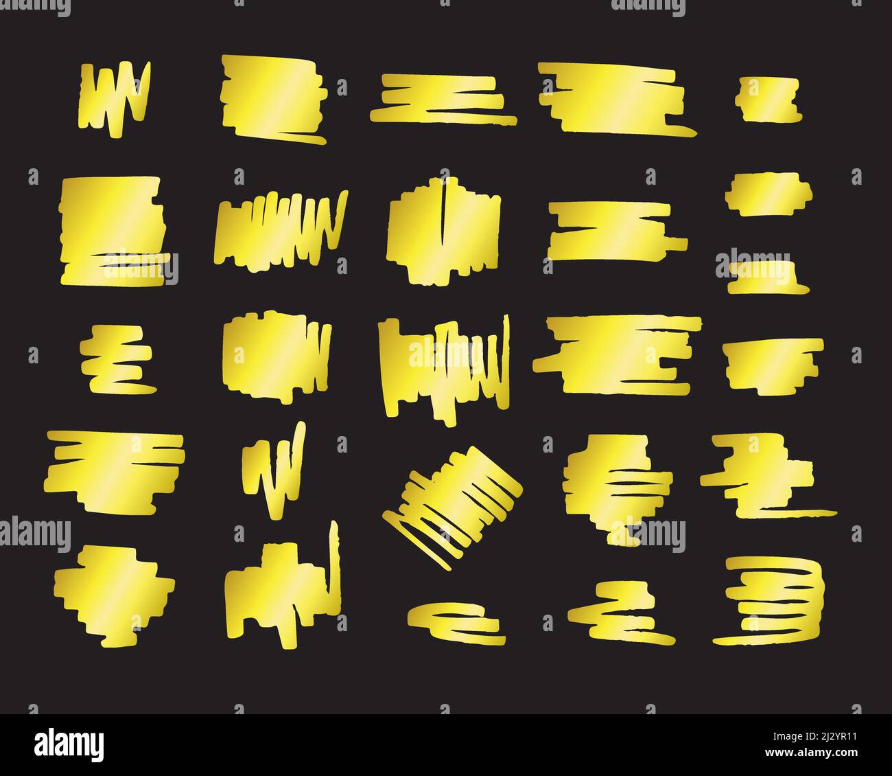 Vector set bundle of gold glitter highlighter brush lines isolated on
