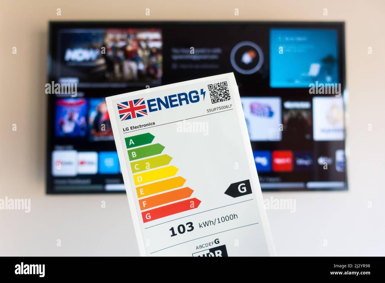 Electrical appliance power rating sheet in front of a Television Stock Photo