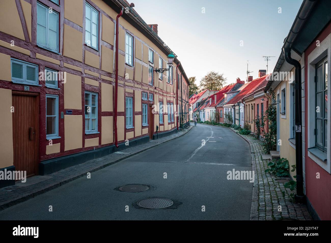 House facades and street in Ystad in Sweden Stock Photo