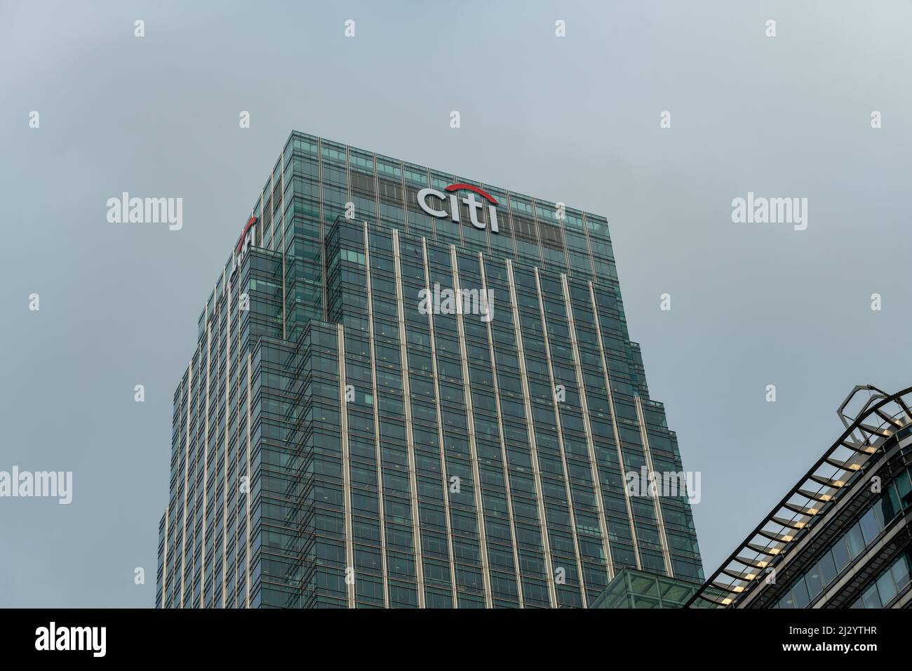 London. UK-03.30.2022. An exterior view of the Citigroup Centre building in Canada Square, Canary Wharf on a grey overcast day. Stock Photo