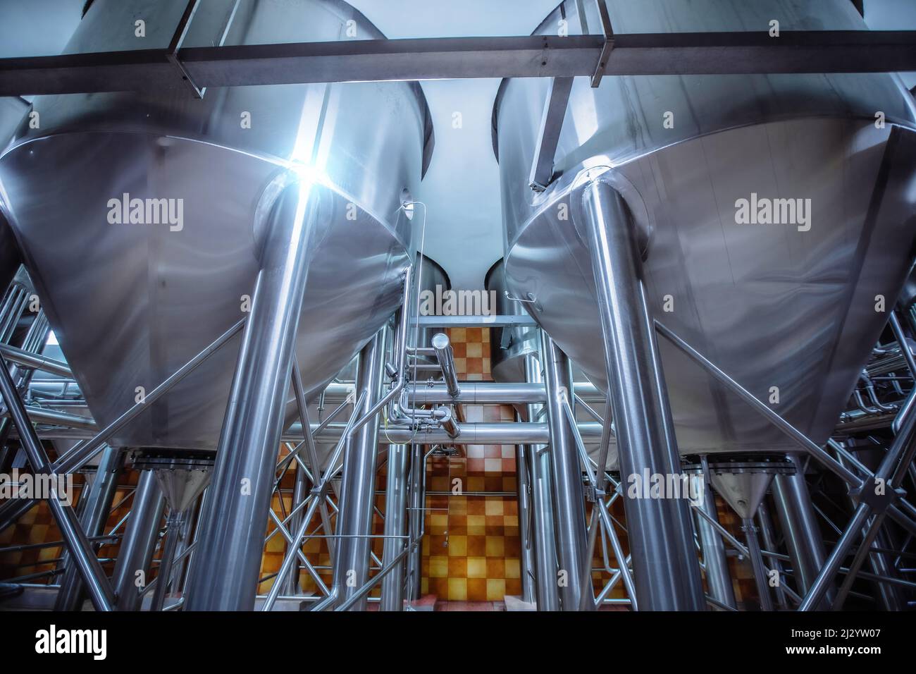 Vats for fermentation. Craft beer production line in modern brewery Stock Photo