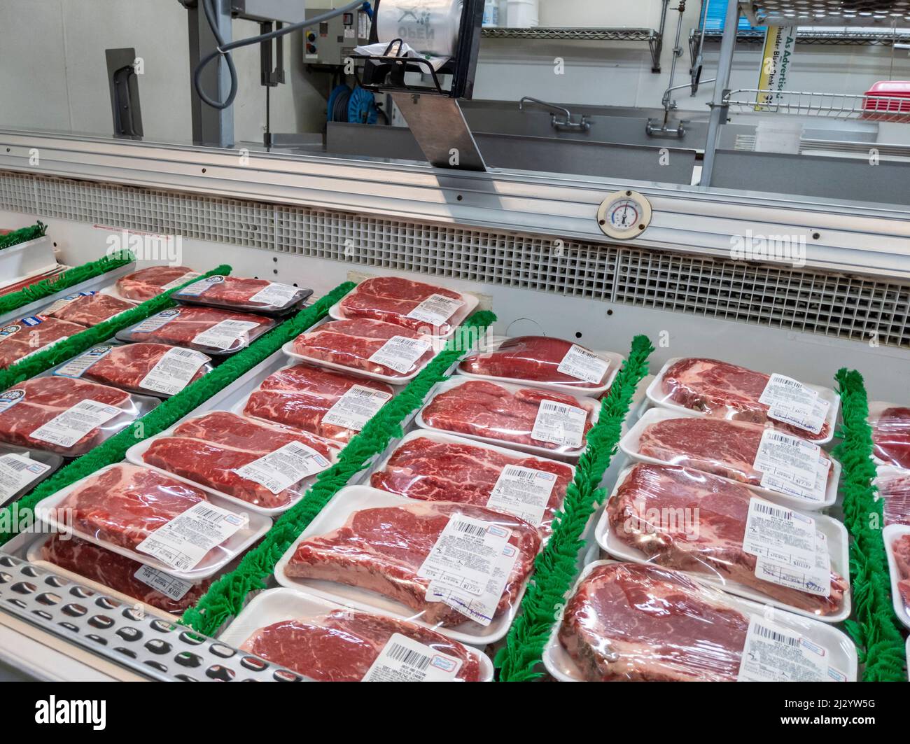 Gold Bar, WA USA - circa January 2022: Angled view of the raw meat department inside Gold Bar Family Grocer. Stock Photo