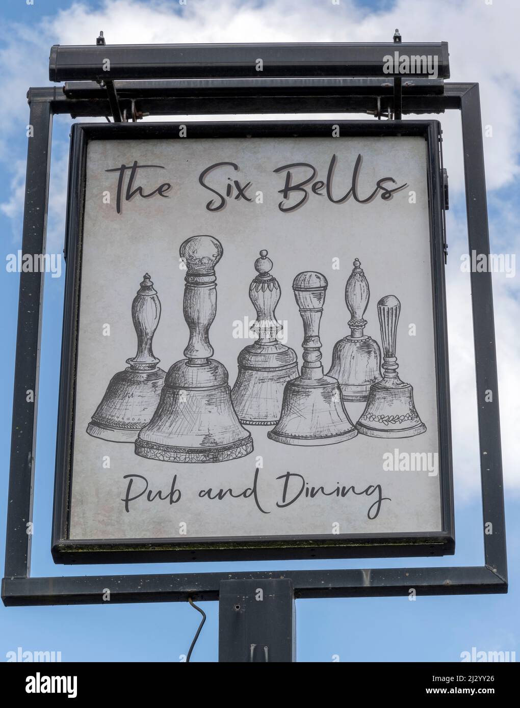 Traditional hanging pub sign at The Six Bells public house, Hale Road, Farnham, Surrey, England, UK Stock Photo