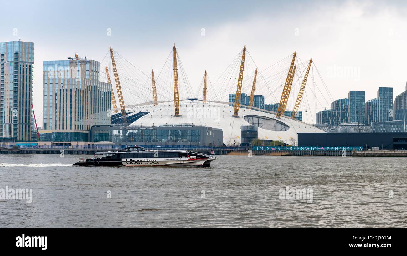 London. UK-03.30.2022. Exterior view of the O2 Arena by the Thames River in Greenwich with the recent storm damage still visible. Stock Photo