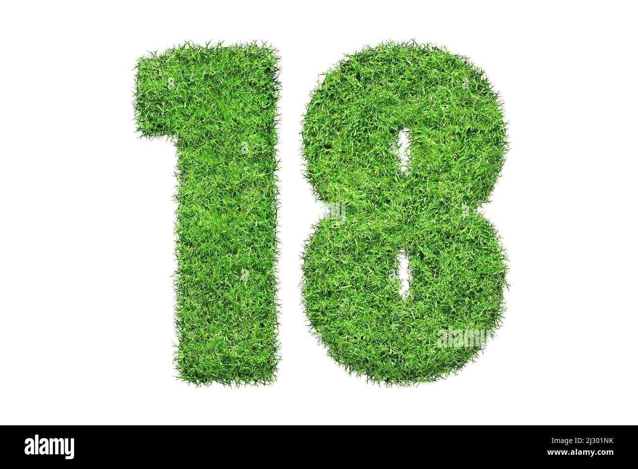 18 number in green grass filled the character . Isolated from a white ...